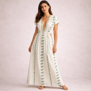 Zara Summer 2021 embroidered cut-out maxi dress in textured cotton.
